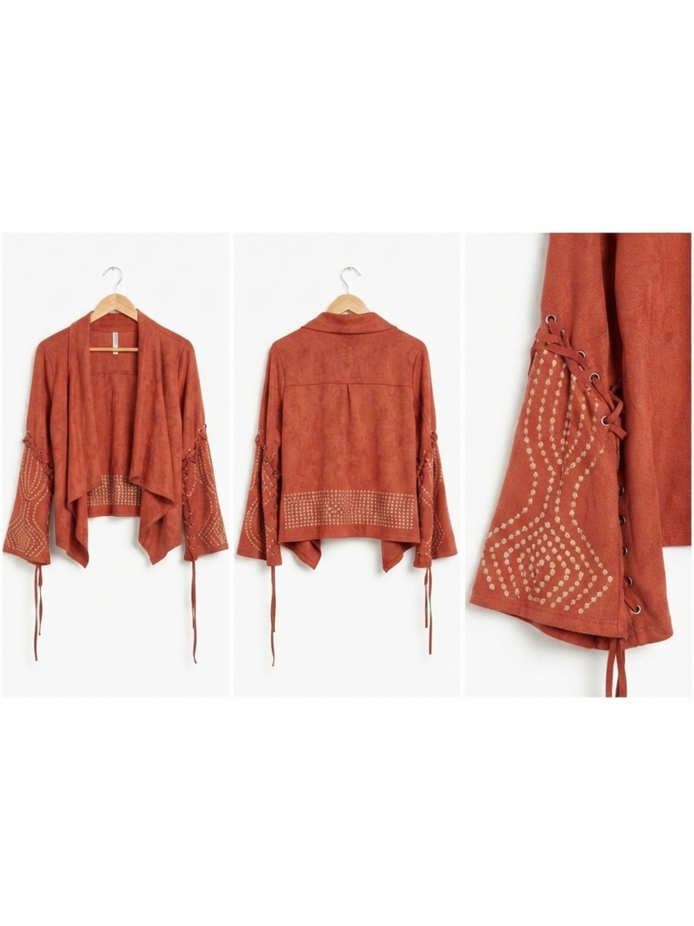 Monoreno Rust Studded Open-Front Suede Shrug